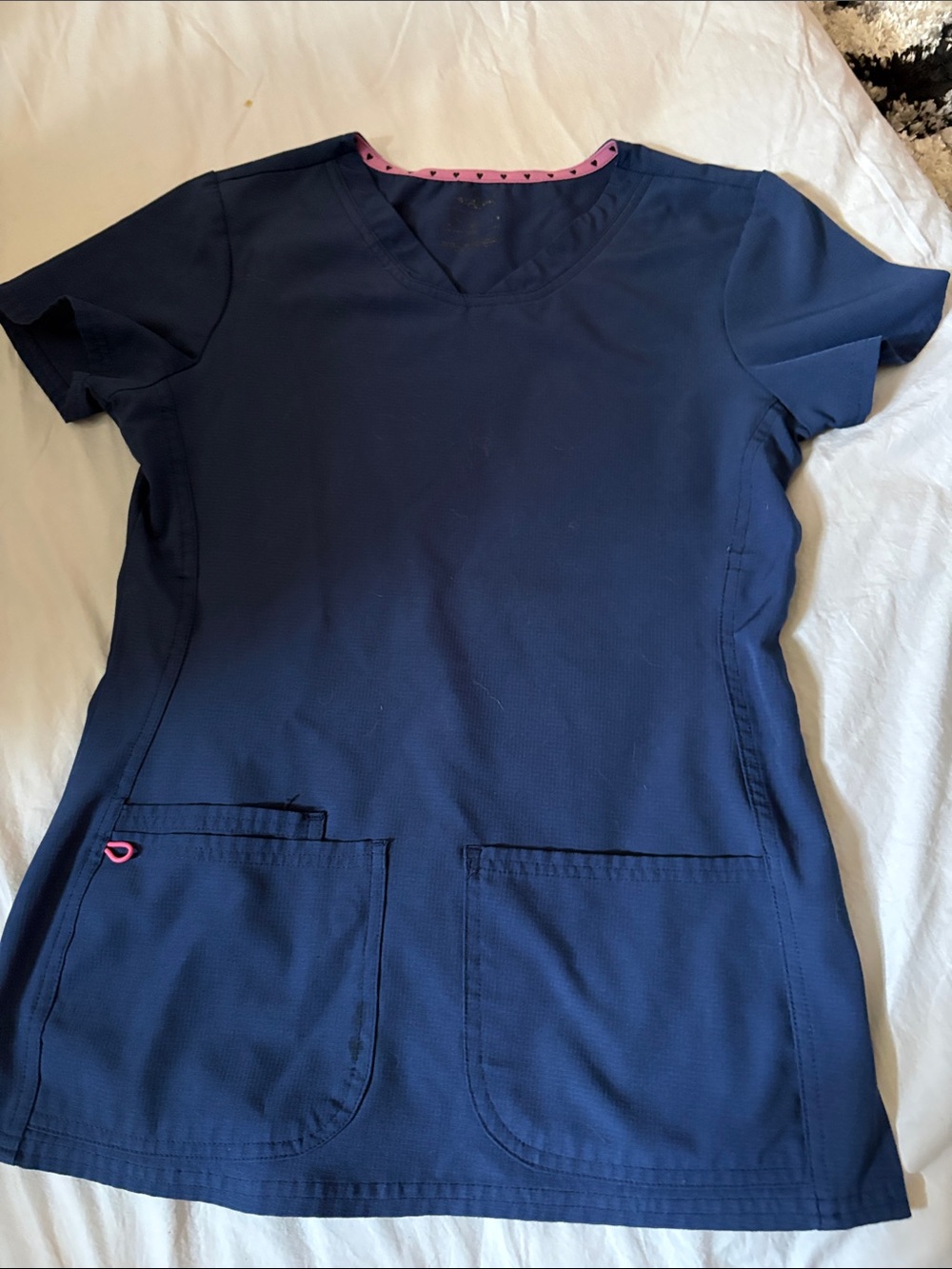Navy V-Neck Medical Scrub Top with Pink Trim